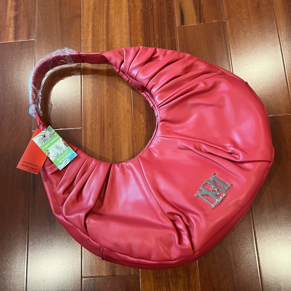 Badgley Mischka Red Bag Purse Hobo Vegan Leather Pleats Crescent Hobo New NWT